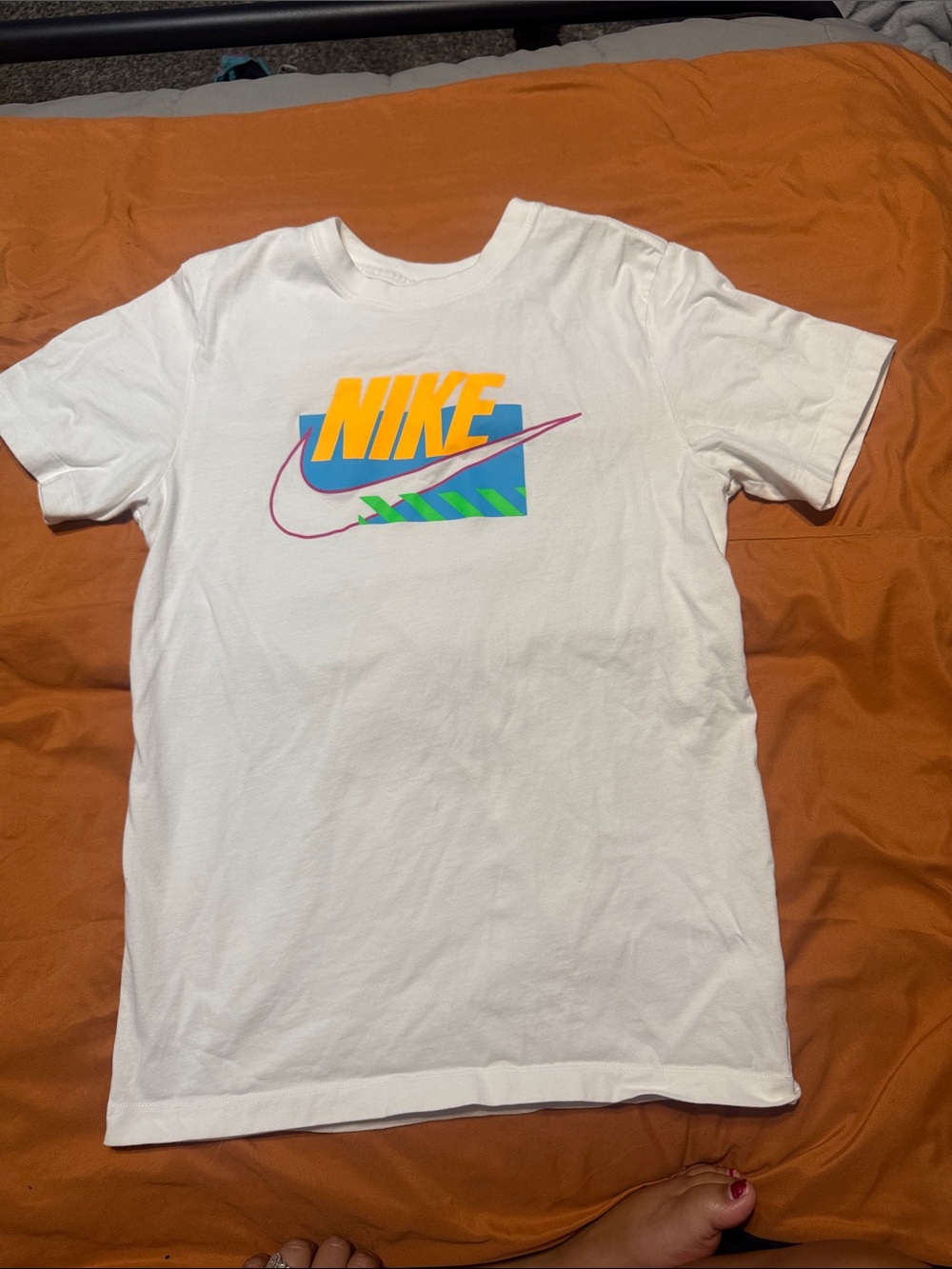 Nike White Short-Sleeve Tee with Multicolor Logo